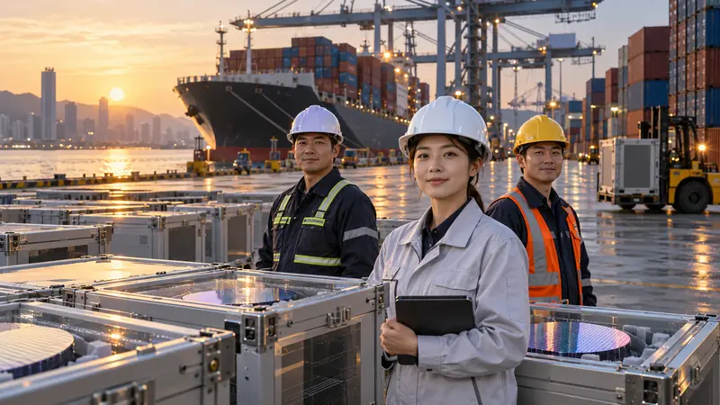 Lavoratori e semiconduttori pronti all'esportazione nel porto sudcoreano di Busan