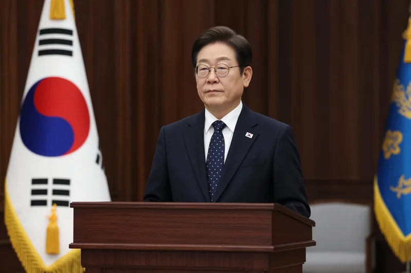Scena editoriale contestuale generata con IA: Lee Jae Myung riconoscibile a un podio con bandiere sudcoreane; somiglianza sintetica, non una fotografia documentaria.