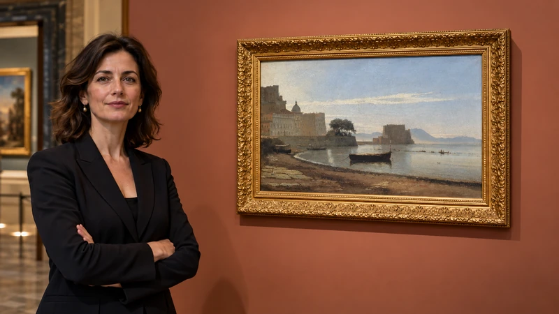Illustrazione editoriale IA di una presentazione museale del paesaggio napoletano di Corot; non è una fotografia del dipinto o della sala 78.