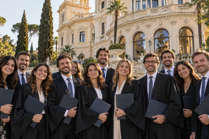 Professionisti riuniti per una cerimonia di diploma davanti a una sede universitaria romana, scena editoriale IA