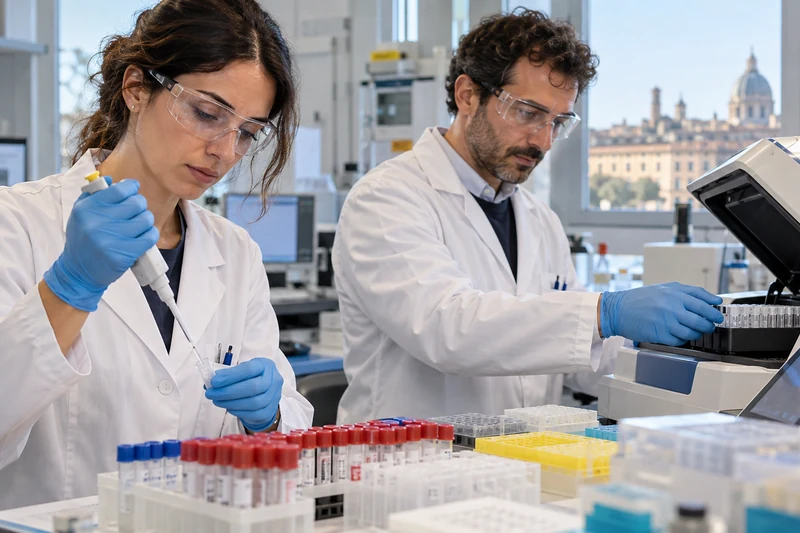 Due ricercatori analizzano campioni in un laboratorio di virologia, scena editoriale IA non documentaria