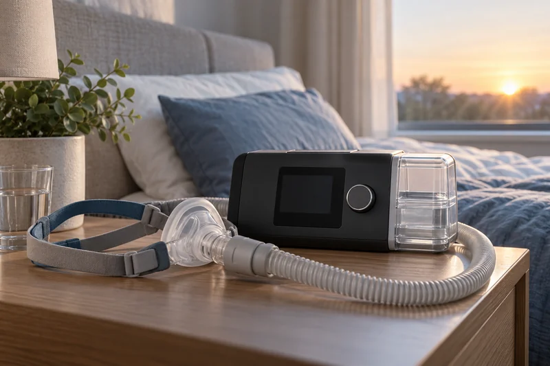 Macchina CPAP con maschera, tubo e umidificatore ordinati su un comodino in una camera illuminata all’alba; illustrazione editoriale IA non documentaria.