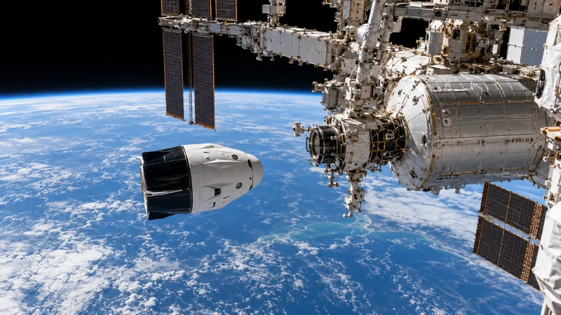 Illustrazione editoriale IA della capsula Dragon Crew-12 in allontanamento dalla Stazione spaziale internazionale; scena non documentaria.