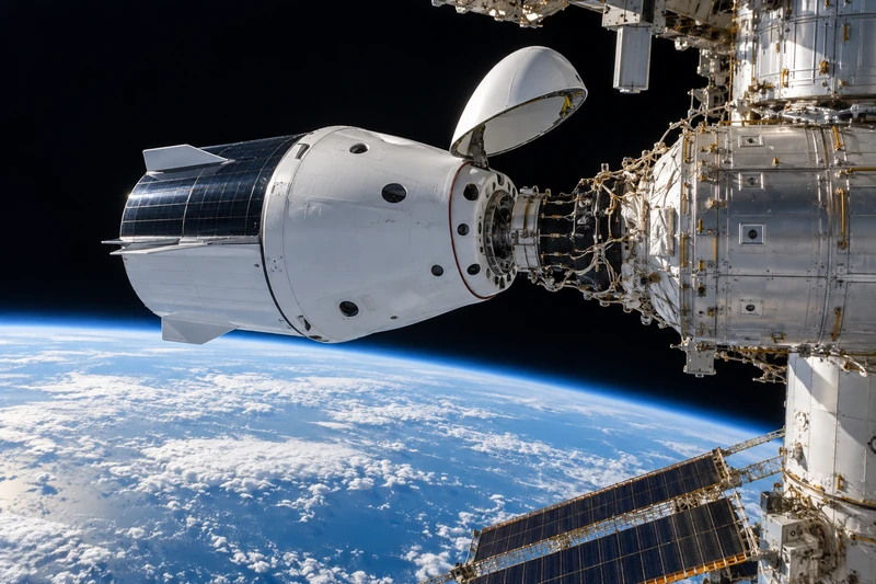 Illustrazione editoriale IA non documentaria della capsula SpaceX Crew Dragon agganciata alla ISS, con la Terra sullo sfondo.