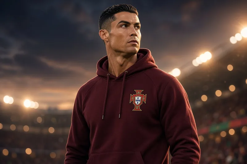 Illustrazione editoriale di Cristiano Ronaldo in felpa della nazionale portoghese, espressione seria a bordo campo; scena non documentaria generata con IA.