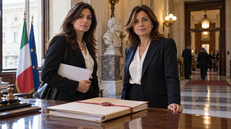Illustrazione editoriale IA di due professioniste in un ambiente parlamentare italiano con fascicoli di candidatura; scena non documentaria.