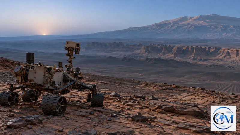Illustrazione editoriale IA ultrarealistica di Curiosity davanti agli yardang del Monte Sharp all'alba marziana; scena non documentaria.