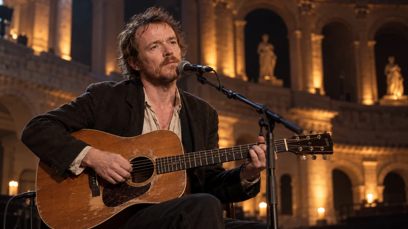 Illustrazione editoriale IA di Damien Rice durante un concerto acustico in un auditorium romano; scena non documentaria.