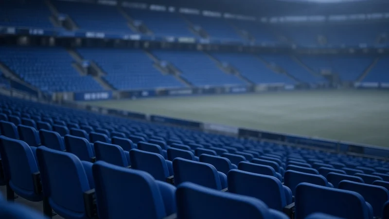 Tribuna di stadio vuota in toni blu; illustrazione editoriale IA non documentaria.