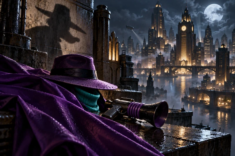Cappello e mantello viola di Darkwing Duck su un tetto notturno di St. Canard; illustrazione editoriale IA non documentaria.