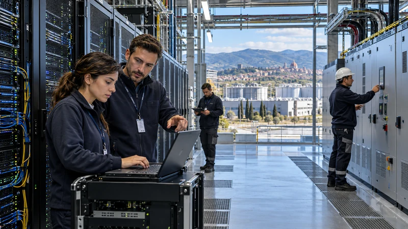 Illustrazione editoriale IA ultrarealistica di tecnici italiani in un data center moderno, con volti visibili; scena non documentaria.