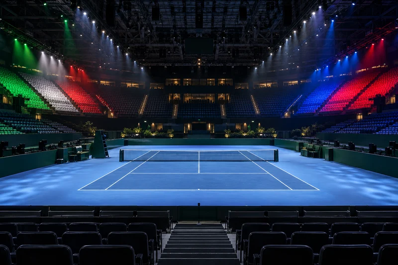 Arena editoriale IA di tennis a Bologna illuminata con i colori di Italia e Corea del Sud; scena non documentaria.