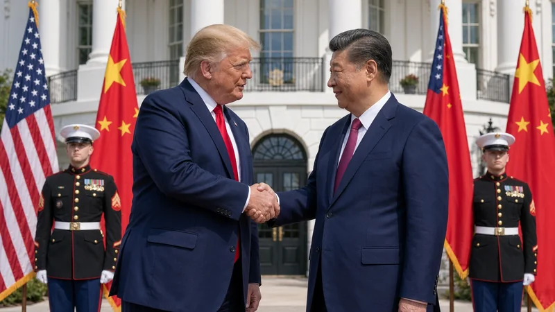 Funzionari di spalle davanti alla Casa Bianca, con le bandiere di Stati Uniti e Cina.