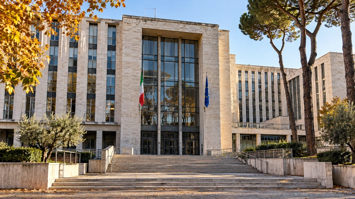Illustrazione editoriale IA del complesso giudiziario di Piazzale Clodio a Roma; non documenta il processo.