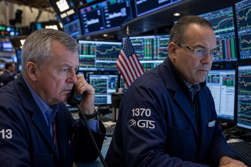 Illustrazione editoriale IA di trader a Wall Street davanti a monitor di mercato e bandiera Usa; scena non documentaria.