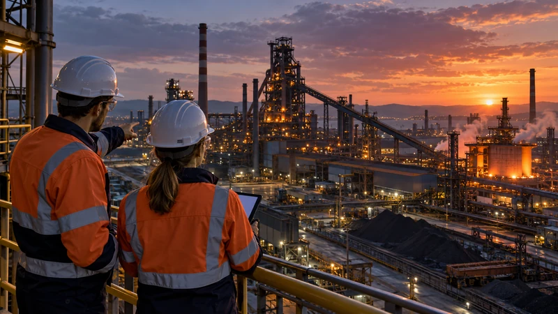 Tecnici osservano un grande impianto industriale italiano in attività; illustrazione editoriale IA non documentaria.