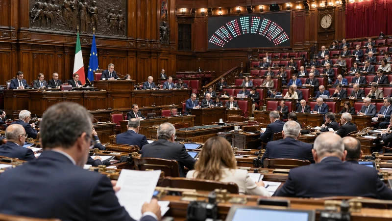 Illustrazione editoriale IA dell’Aula della Camera durante l’esame di misure economiche; non documenta la seduta.