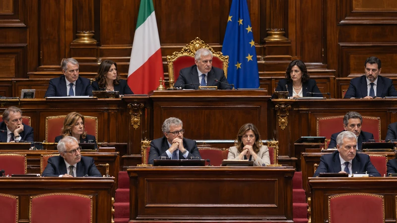 Illustrazione editoriale IA dell'Aula del Senato durante una seduta istituzionale; scena non documentaria.