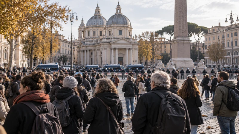 Illustrazione editoriale IA di una piazza italiana prima di una manifestazione pacifica, con dispositivi di sicurezza sullo sfondo; scena non documentaria.