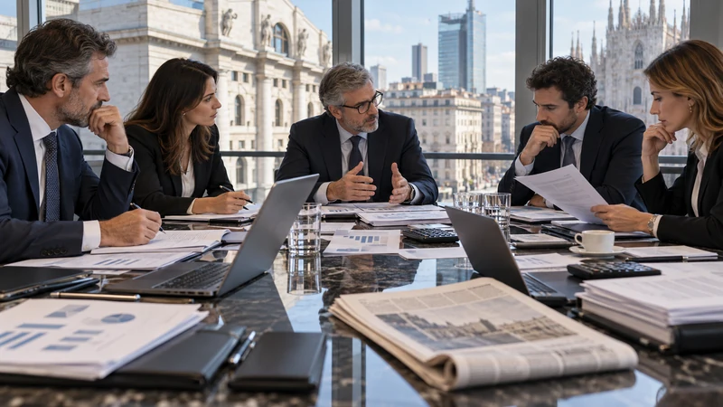 Illustrazione editoriale IA di una riunione finanziaria per la possibile acquisizione di un editore; scena simbolica non documentaria.