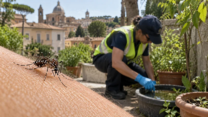 Zanzara e attività di controllo dei ristagni idrici in giardino, scena illustrativa IA