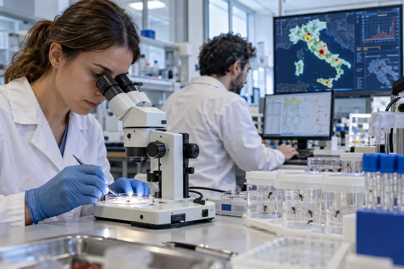 Scena editoriale contestuale ordinaria generata con IA di ricercatori che analizzano zanzare e dati epidemiologici in Italia
