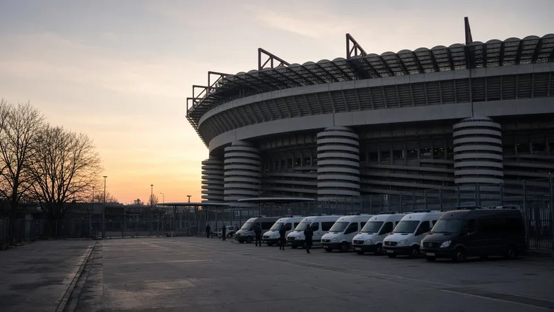 Illustrazione editoriale IA di furgoni della polizia fuori da uno stadio all’alba; non documentaria.