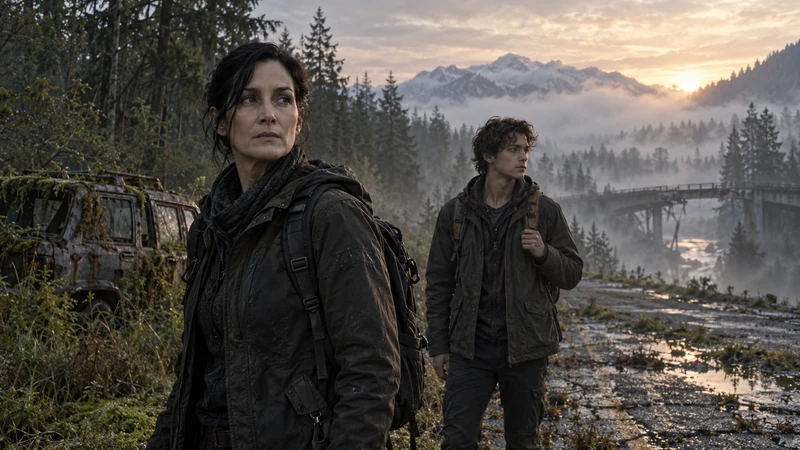 Illustrazione editoriale IA con somiglianze sintetiche di Carrie-Anne Moss e Douglas Smith in un paesaggio post-apocalittico, non tratta dal film.