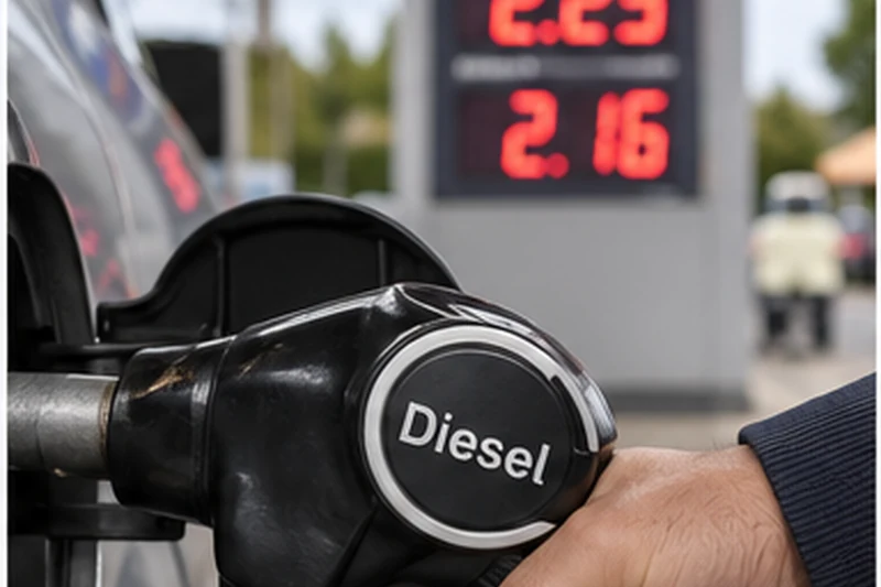 Foto d'archivio di una persona che rifornisce di diesel un'auto a un distributore, con i prezzi al litro visibili sul totem.