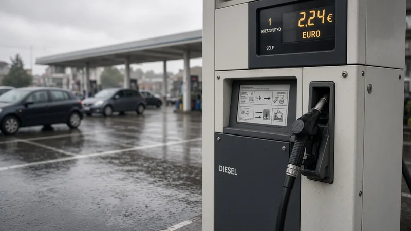 Illustrazione editoriale IA di pompa diesel self in stazione di servizio italiana; non documentaria.