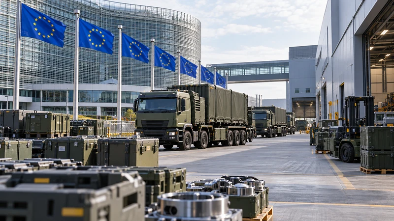 Illustrazione editoriale IA ultrarealistica di una struttura logistica europea per la difesa con mezzi non armati e bandiere UE; scena non documentaria.
