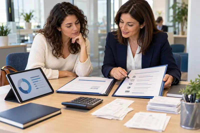 Illustrazione editoriale IA di una cliente e una consulente che confrontano due offerte di finanziamento con documenti e calcolatrice.