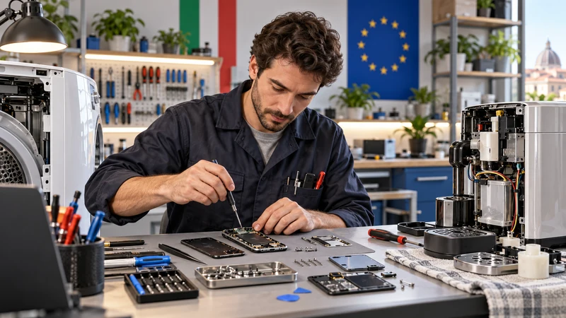 Illustrazione editoriale IA ultrarealistica di un tecnico che ripara elettrodomestici e dispositivi in un laboratorio italiano; scena non documentaria.
