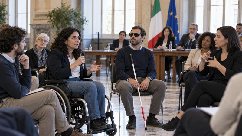 Illustrazione editoriale IA di persone con diverse disabilità in un contesto istituzionale accessibile; scena simbolica non documentaria.