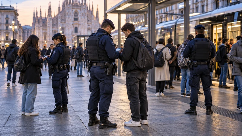Illustrazione editoriale IA di controlli preventivi svolti con calma in un nodo del trasporto pubblico italiano; scena non documentaria.