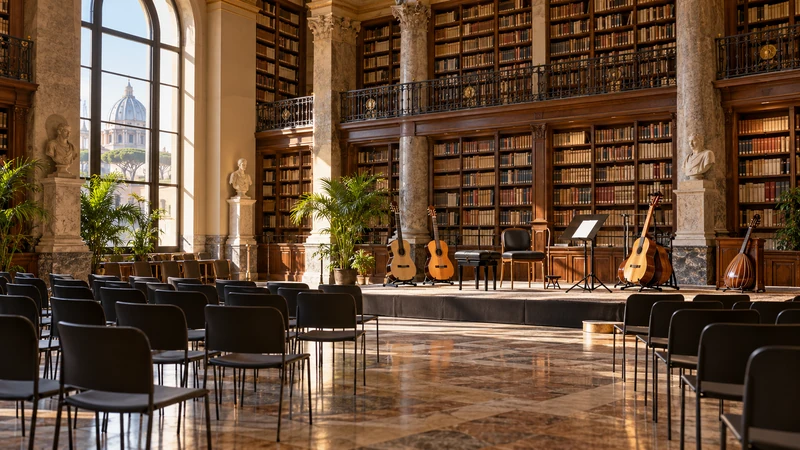 Illustrazione editoriale IA ultrarealistica della Biblioteca nazionale centrale di Roma preparata per concerti e mostra di liuteria; scena non documentaria.