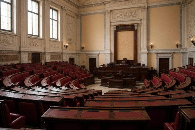 Illustrazione editoriale IA di un’aula parlamentare italiana vuota; scena non documentaria.