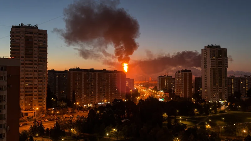 Illustrazione editoriale IA di quartiere residenziale di Mosca con fumo al crepuscolo; non documentaria.