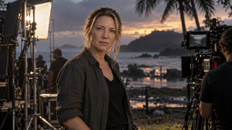 Illustrazione editoriale IA di Anna Torv su un set crime tropicale australiano; scena non documentaria.