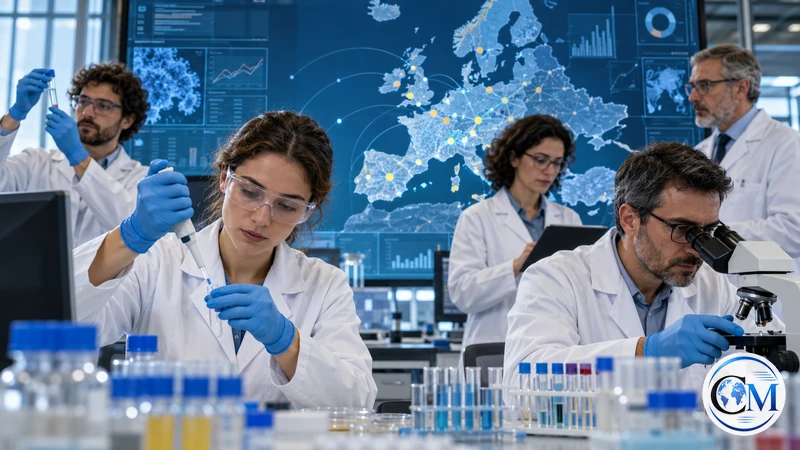 Illustrazione editoriale IA ultrarealistica di un centro europeo di sorveglianza epidemiologica; scena non documentaria.