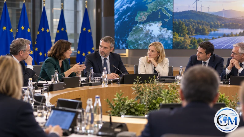 Illustrazione editoriale IA ultrarealistica di una riunione dei ministri finanziari europei sul clima; scena non documentaria.