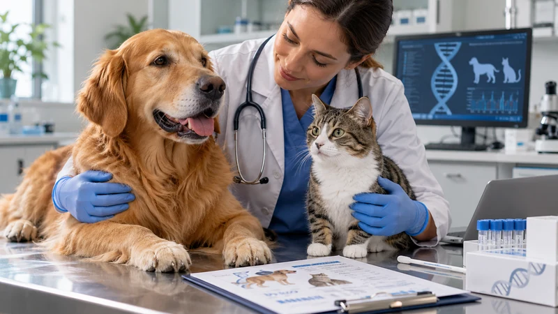Veterinaria durante una visita con cane e gatto, scena illustrativa IA