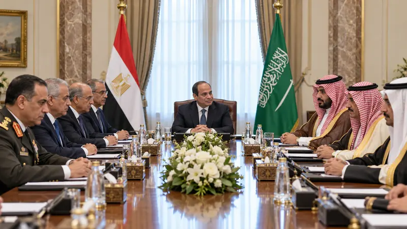 Illustrazione editoriale IA di una riunione istituzionale tra delegazioni egiziana e saudita in una sala governativa; non documenta l’incontro reale.