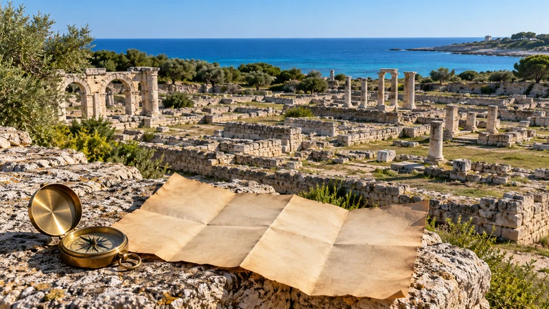 Illustrazione editoriale IA ultrarealistica del parco archeologico di Egnazia con mappa e bussola; scena non documentaria.
