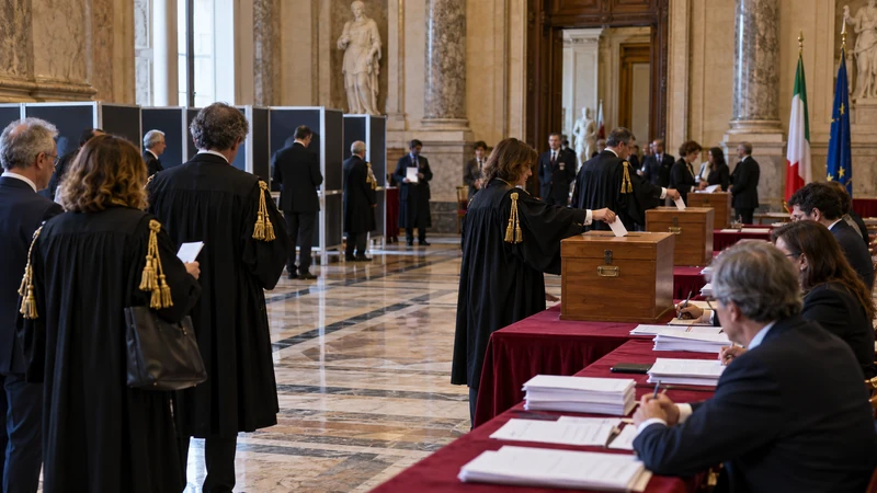 Illustrazione editoriale IA di magistrati al voto con urne tradizionali in una sala istituzionale; scena simbolica non documentaria.