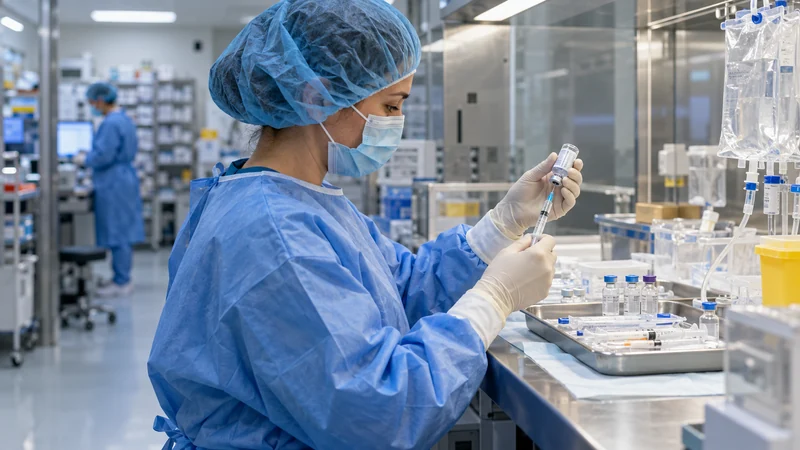 Preparazione di medicinali in un ambiente sterile, scena illustrativa IA