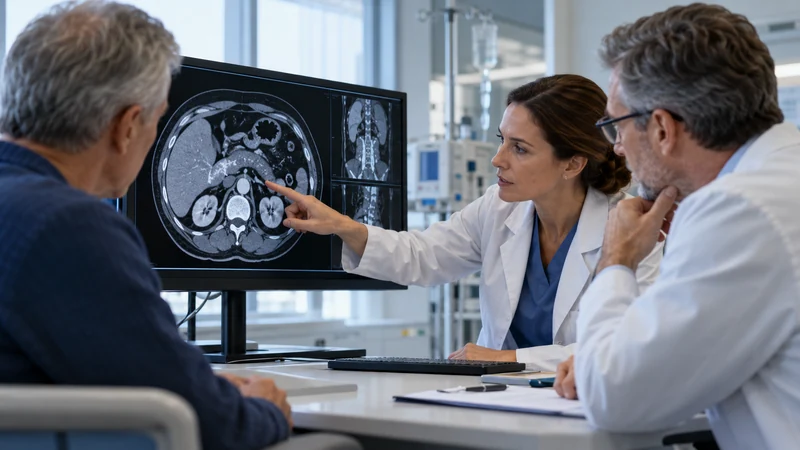 Consulto oncologico con diagnostica addominale, scena illustrativa IA