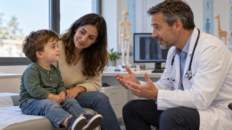 Pediatra durante un consulto con un bambino e un genitore, scena illustrativa IA