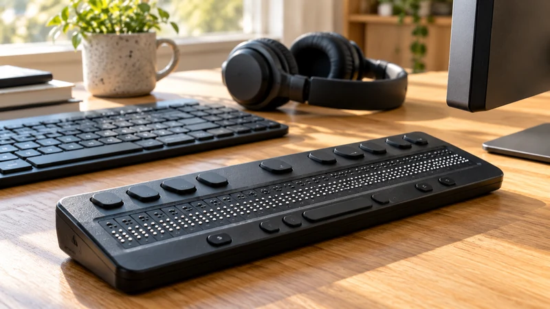 Illustrazione IA di una barra Braille accanto a tastiera e cuffie, strumenti per accedere a contenuti e servizi digitali.