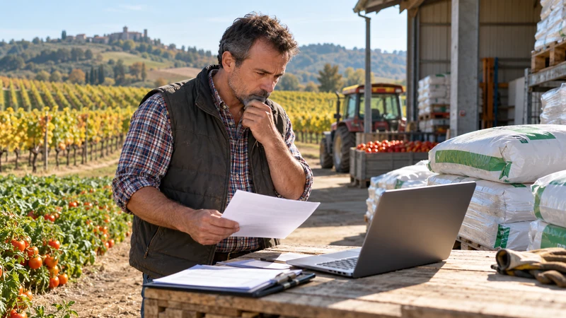 Illustrazione editoriale IA di un agricoltore emiliano-romagnolo che controlla fertilizzanti e documenti in azienda; scena non documentaria.